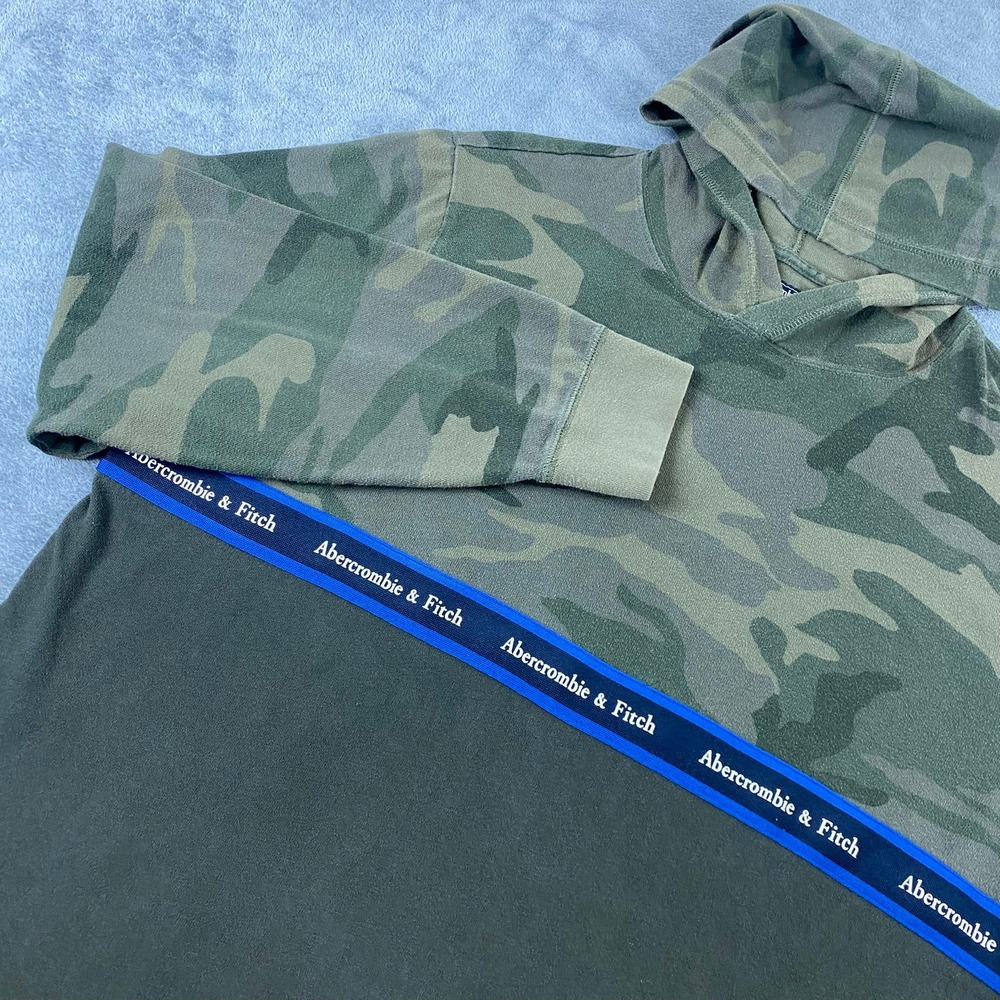 Abercrombie & Fitch Mens XXL Hoodie Green Camo Colorblock Logo Tape Shirt
